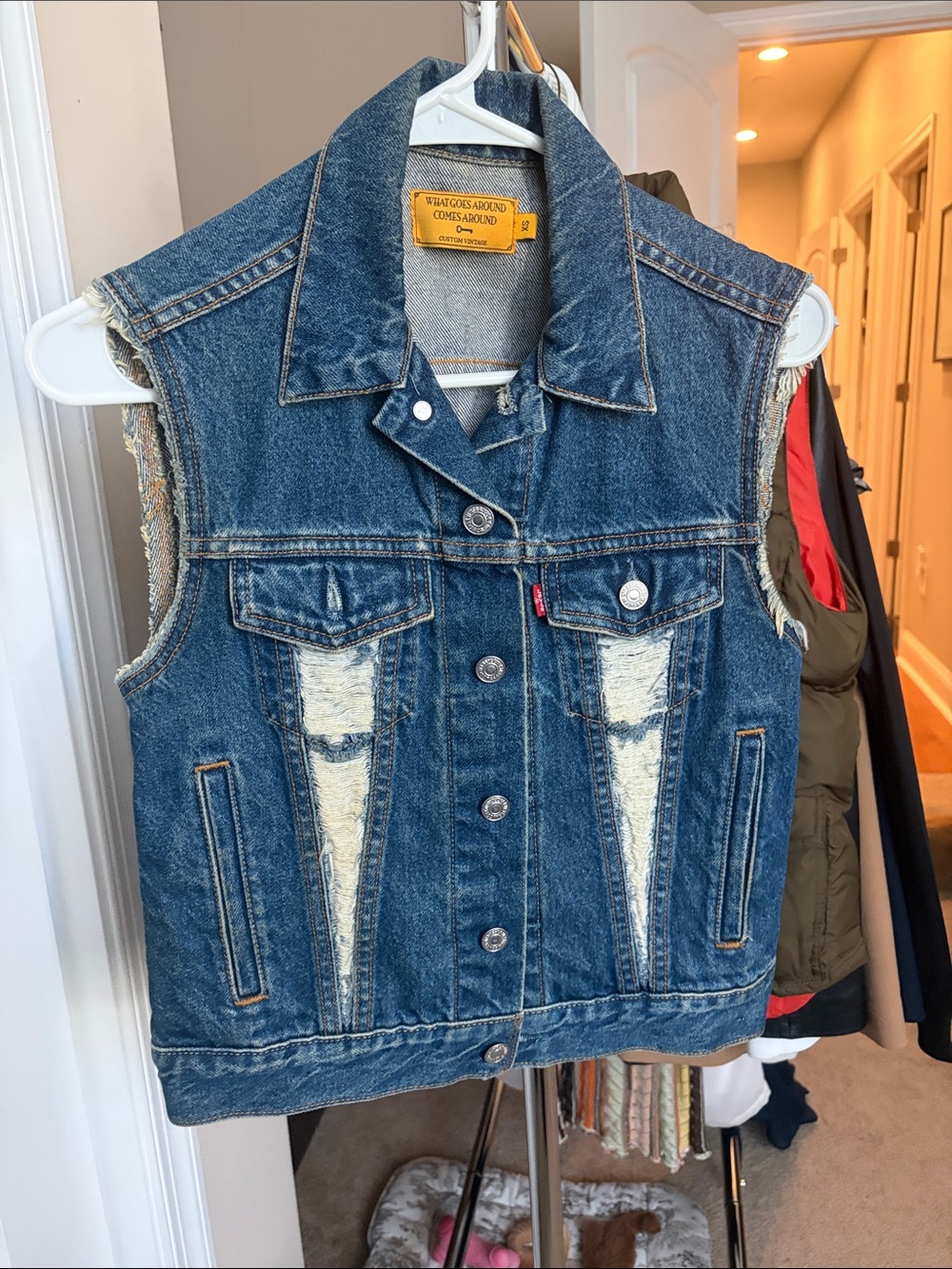 What Goes Around Comes Around Blue Distressed Denim Sleeveless Jacket
